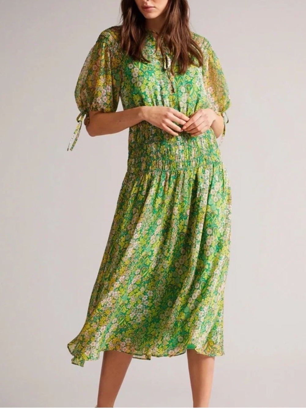 NWT Ted Baker Ursille Smocking Midi Dress with Neck Tie $495